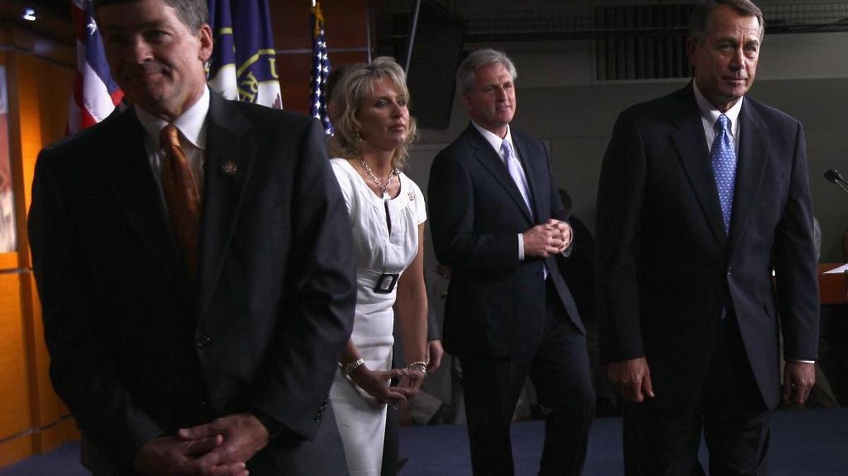 
U.S. Speaker of the House John Boehner (R-OH) (R) leaves a news conference on the debt limit impasse with (L-R)  Rep. Jeb Hensarling (R-TX), Rep. Renee Ellmers (R-NC) and Majority Whip Kevin McCarthy (R-CA) at the U.S. Capitol July 28, 2011 in Washington, DC. 
