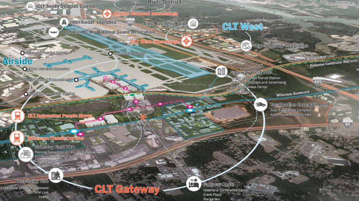 Charlotte Douglas International Airport is finishing a master plan for 25 square miles surrounding the airport. The improvements include a new automated people mover (in pink) that would run from the terminal to Wilkinson Boulevard.