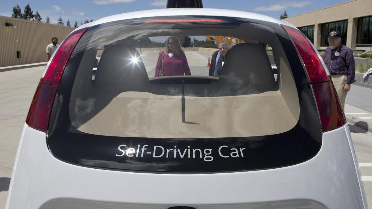 The back of the two-seater prototype of Google’s self-driving car at Google on May 13, 2015, in Mountain View, Calif.
