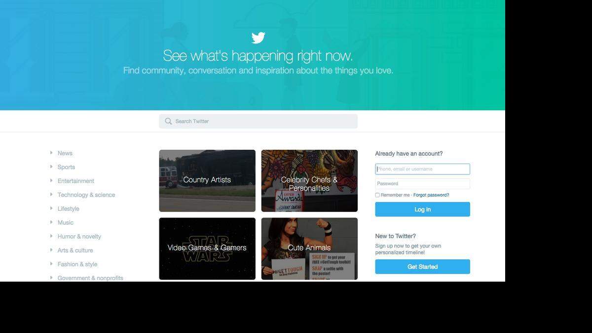 
Screenshot of Twitter’s current homepage: A re-do hopes to make it more welcoming.
