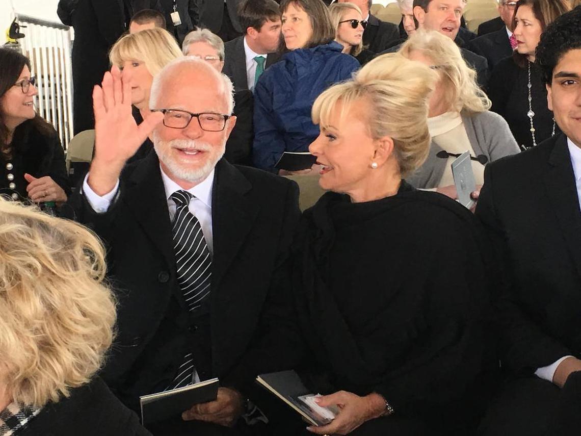 Jim Bakker with his wife Lori at Billy Graham’s funeral. Bakker, whose PTL empire collapsed three decades ago amid sex and financial scandals, was back in Charlotte to honor Graham, who visited him when he was in federal prison.