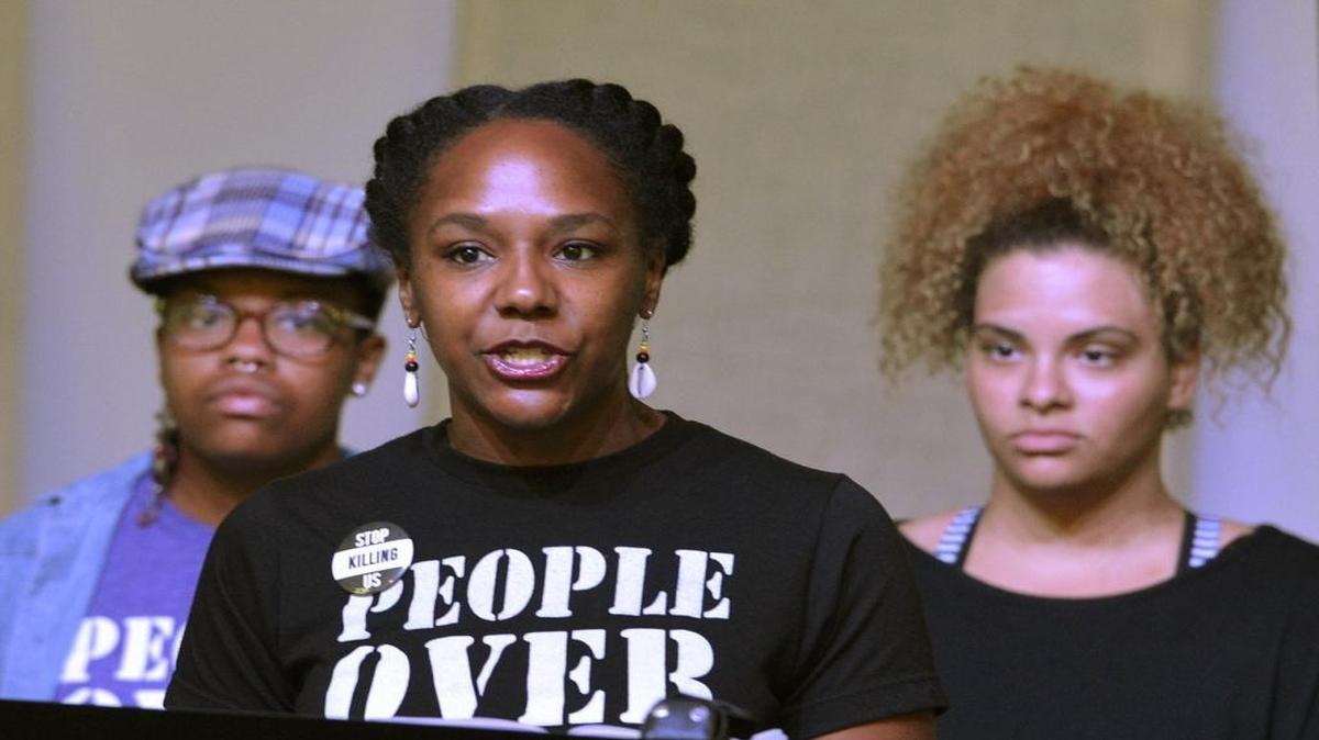 Bree Newsome, an activist with The Tribe, speaks at a Charlotte Uprising news conference Monday regarding the aftermath of last week’s police violence in Charlotte.