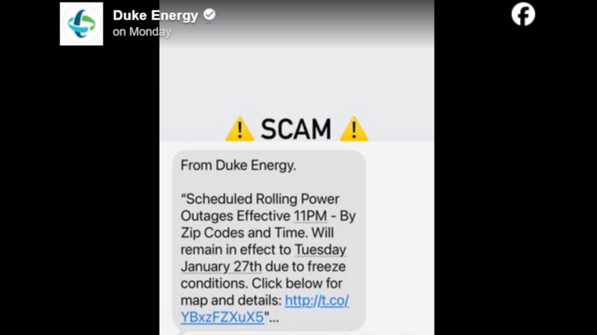 A scam text purporting to be from Duke Energy claims a series of scheduled outages across North Carolina following winter weather over the weekend.