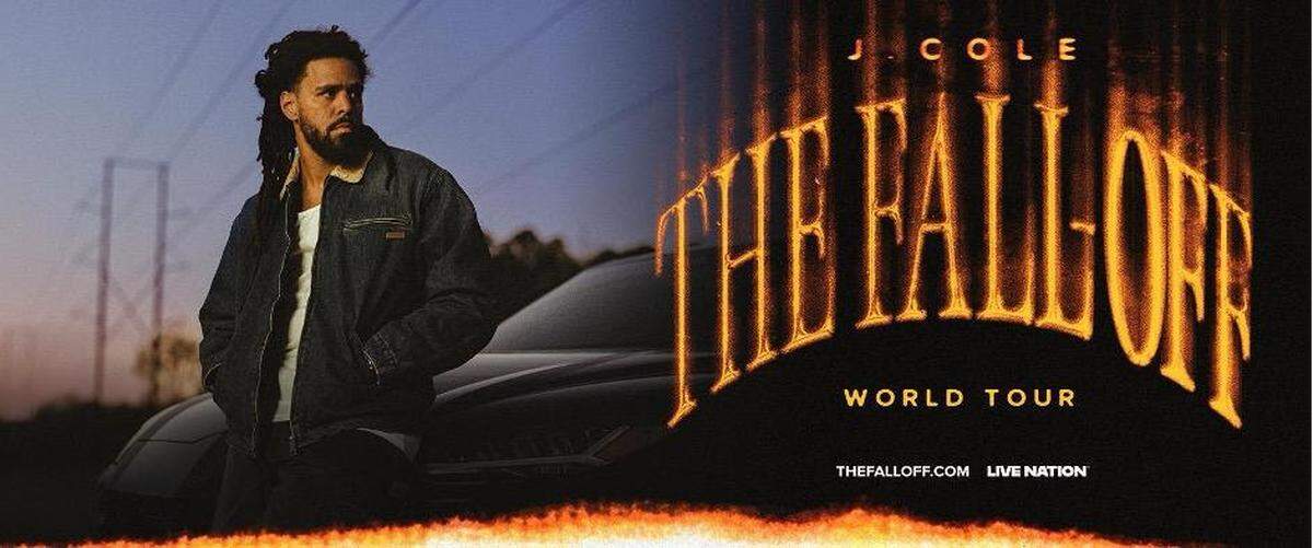 Promotional graphic for J. Cole’s ‘The Fall Off’ World Tour. On the left, J. Cole leans against a dark car at dusk, wearing a denim jacket. On the right, the tour title is written in large, fiery orange text. The bottom includes the website ‘thefalloff.com’ and the Live Nation logo.