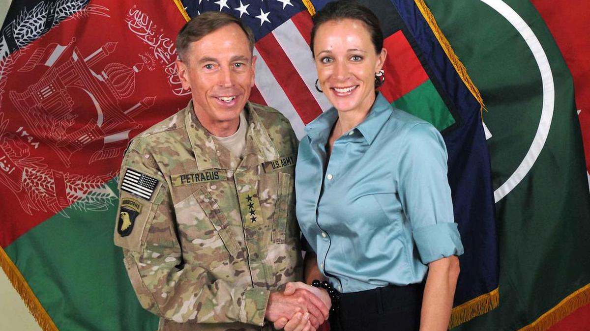 A file photo from July 13, 2011, of David Petraeus and Paula Broadwell.