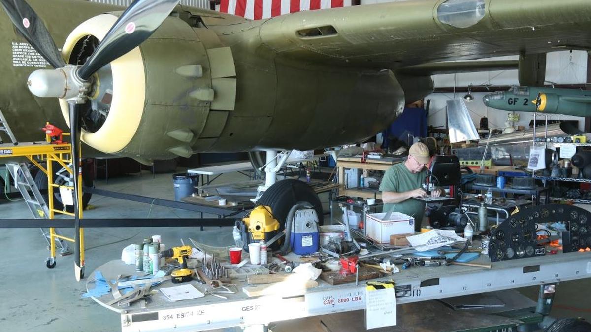 Volunteer Ron Skipper works on restoring the WWII era B-25 bomber that was retrieved from Lake Greenwood in 1983. The bomber will be put on static display once completed. The South Carolina Historic Aviation Foundation was formed primarily to manage the restoration of the historic plane.