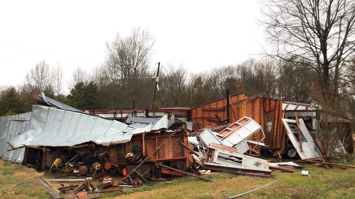 A storage building has been destroyed by severe winds passing through the Friendly Baptist Church Road area on Wednesday, March 5, 2025.
