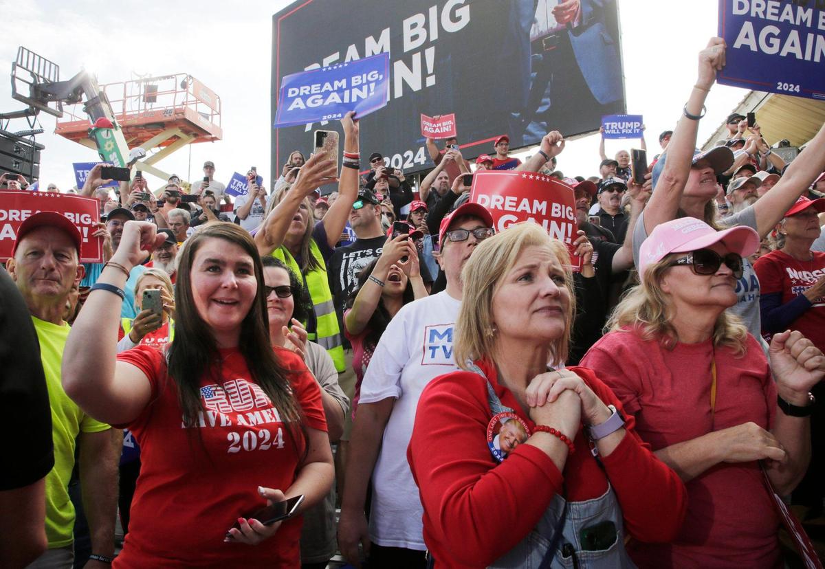 Rally-goers cheer for Donald Trump Saturday, Nov. 2, 2024 in Gastonia, N.C. during a rally three days before voters head to the polls to elect a new president.