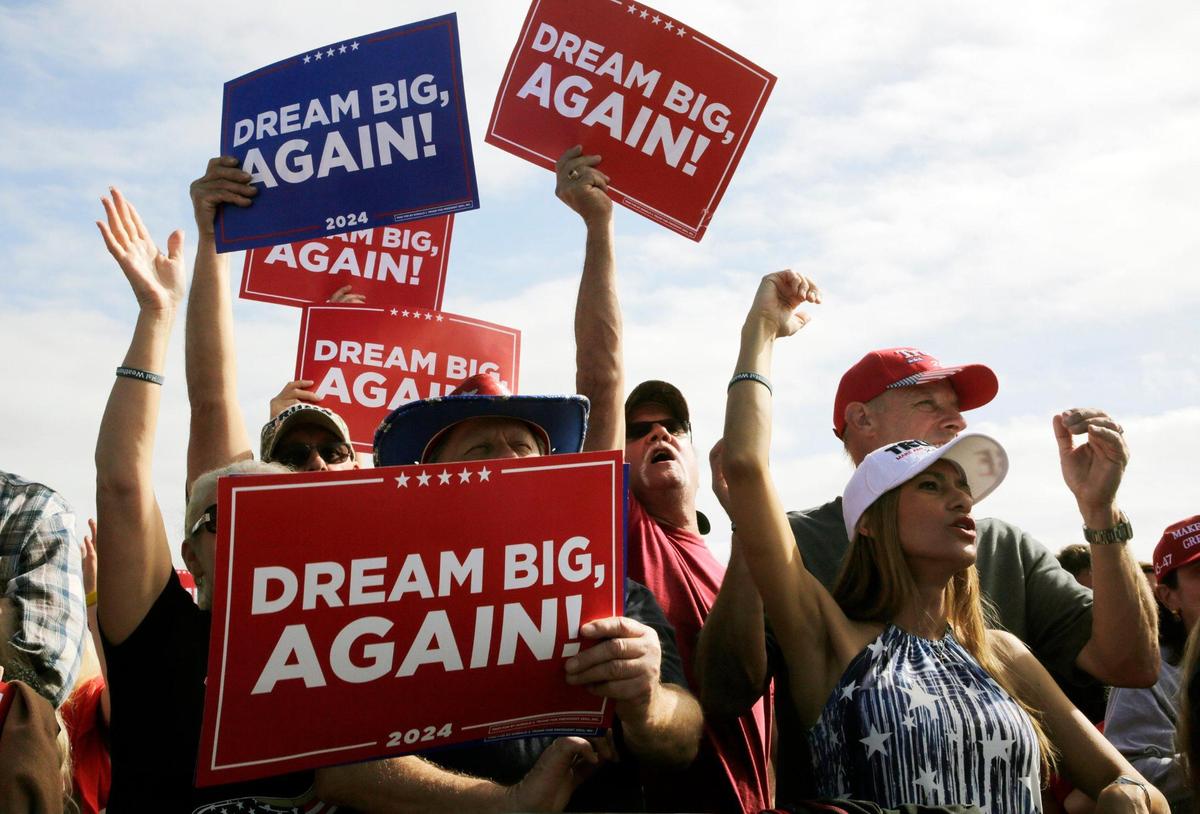 Rally-goers cheer for Donald Trump Saturday, Nov. 2, 2024 in Gastonia, N.C. during a rally three days before voters head to the polls to elect a new president.
