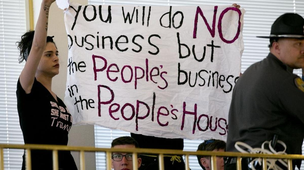 An HB 2 protester Monday at the State House in Raleigh.