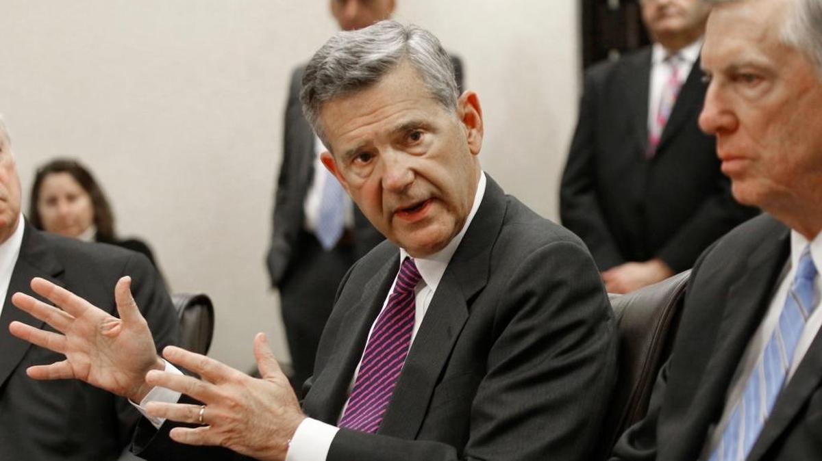 
UNC Board of Governors chair John Fennebresque , left, and UNC System president Tom Ross during a press conference in January announcing that Ross was being forced out of his job. 
