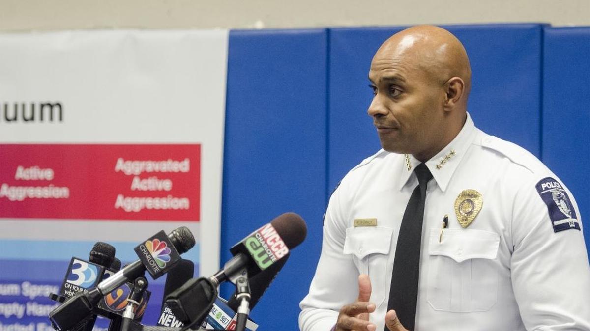 CMPD Chief Kerr Putney talks to reporters Thursday about a controversial use-of-force case.