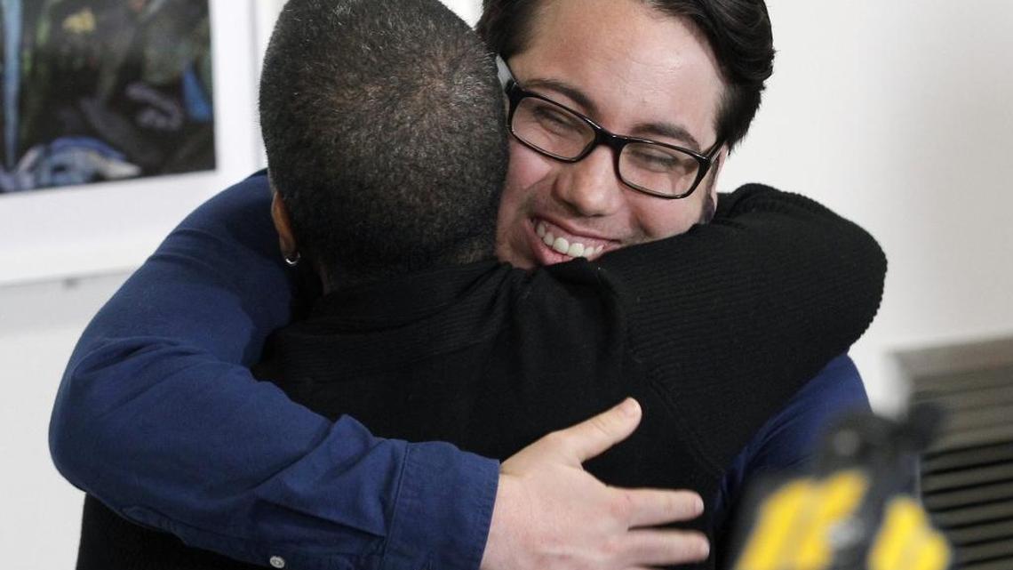 Plaintiffs Joaquin Carcano, right, and Angela Gillmore filed a federal lawsuit with others Monday challenging HB 2.