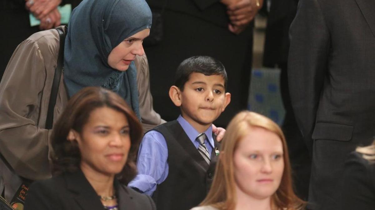 Ahmad Alkhalaf, 9, arrives before President Obama’s State of the Union speech last week.