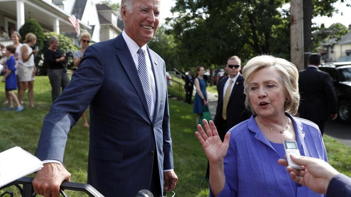 Hillary Clinton and Vice President Joe Biden briefly talk to media in Pennsylvania last month.