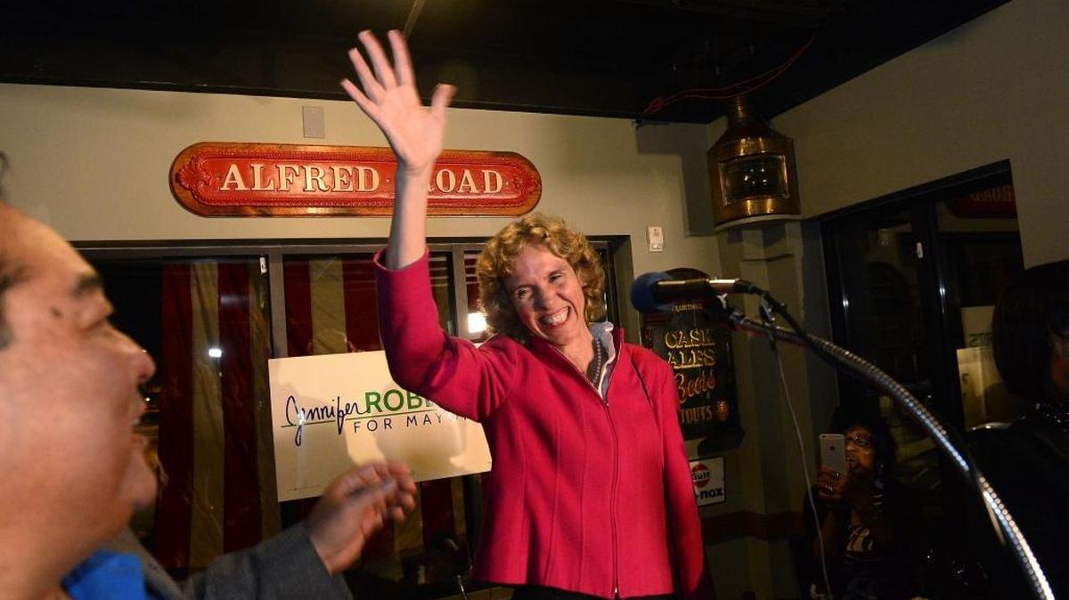 
Jennifer Roberts celebrates her mayoral primary victory Tuesday night. She faces Edwin Peacock in four weeks.
