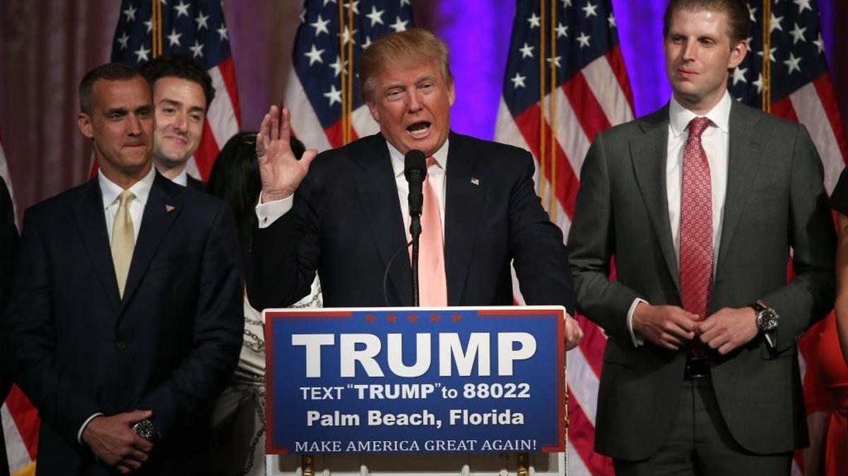 Donald Trump speaks Tuesday night at the Mar-A-Lago Club in Palm Beach, Fla.