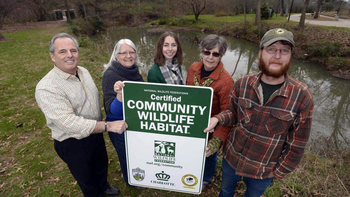 Leaders of CROWN, (Charlotte Reconnecting Ourselves with Nature) Ernie McLaney, left, Chapter President, Dawn Anderson, members Leigh Anne Carter, and Nancy DeVries, along with Chris North, Conservation Coordinator with the N.C. Wildlife Federation.