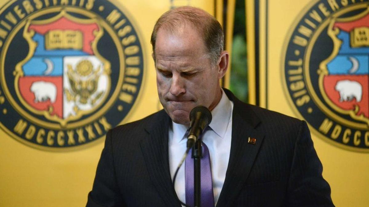 University of Missouri System President Tim Wolfe announces his resignation on Monday in Columbia, Mo.