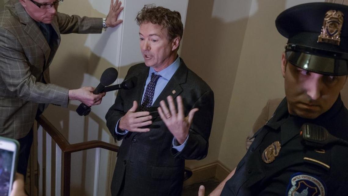 Sen. Rand Paul, R-Ky., holds an impromptu news conference Thursday after trying to get a glimpse of Obamacare repeal and replace legislation.