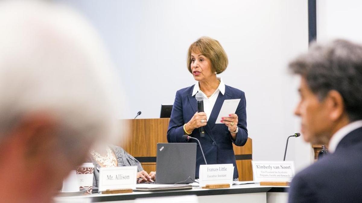 Chancellor Carol Folt speaks to the UNC Board of Governors about a proposal to ban the UNC Center for Civil Rights from litigating.