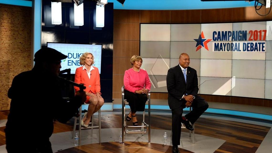 Charlotte Mayor Jennifer Roberts, left, Charlotte Mayor Pro Tem Vi Lyles and NC state senator Joel Ford participate in a Mayoral Debate last week.