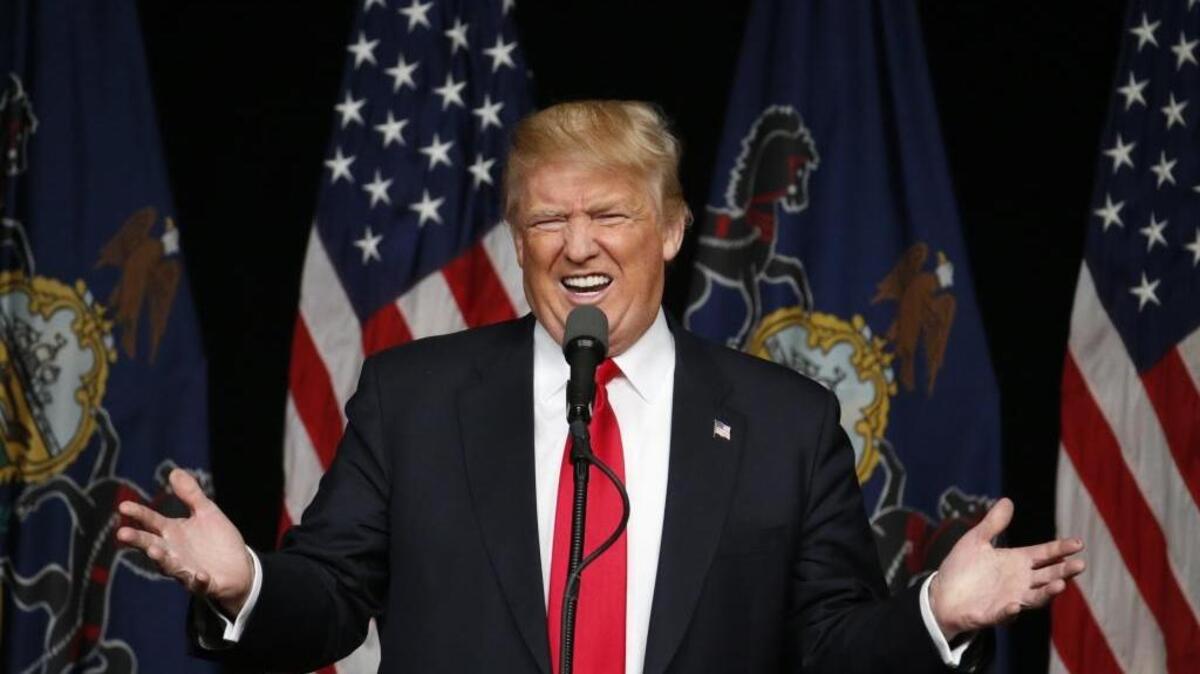 Republican presidential candidate Donald Trump speaks during a rally Thursday in Harrisburg, Pa.