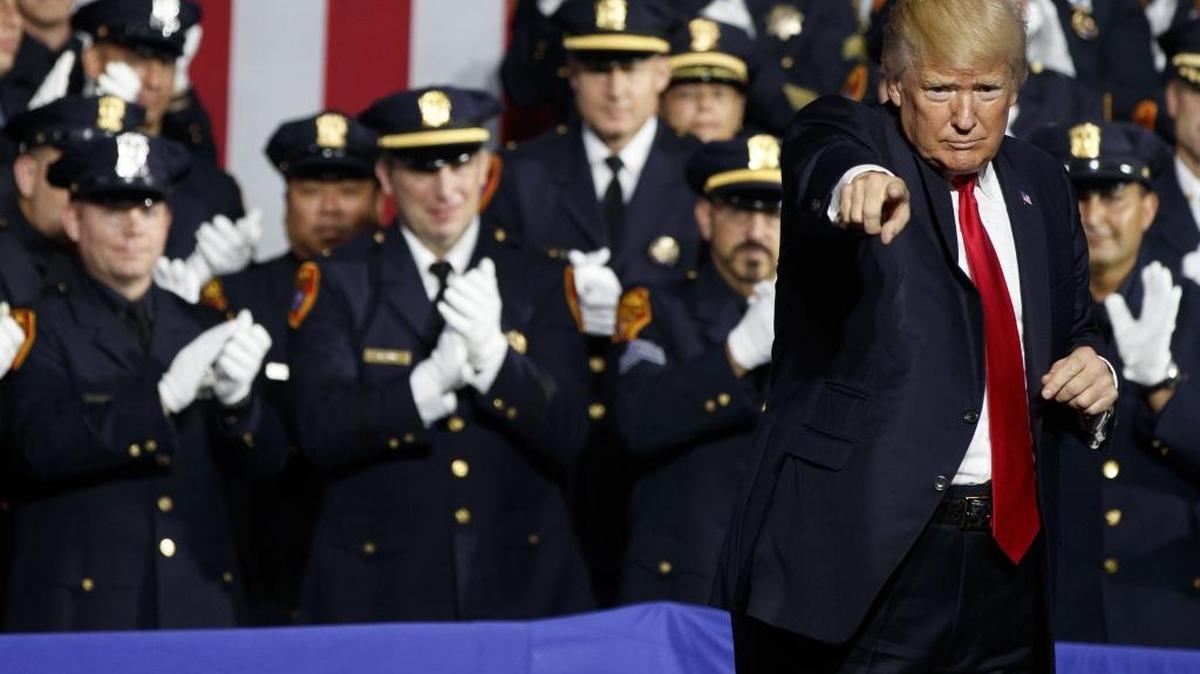 President Donald Trump speaks to law enforcement officials in New York on Friday.