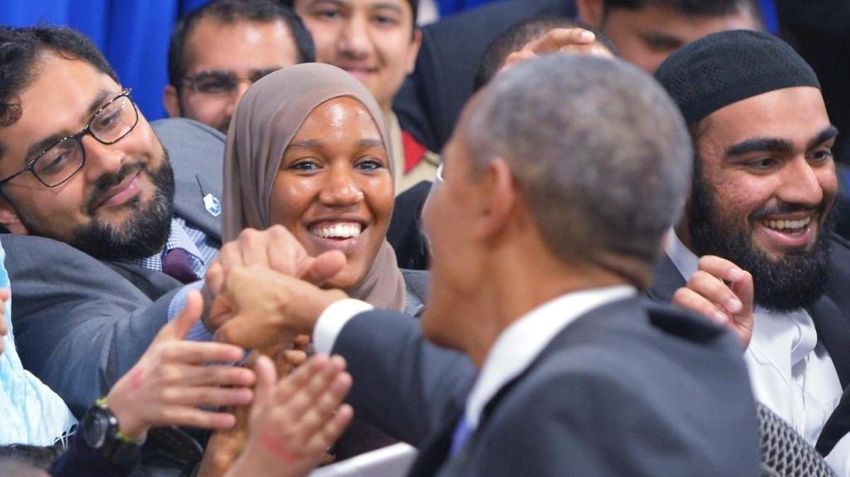 President Barack Obama greets attendees speaking at the Islamic Society of Baltimore.