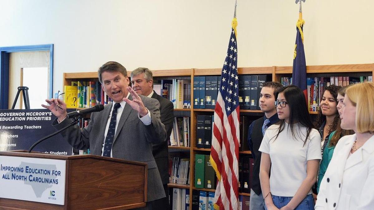 N.C. Gov. Pat McCrory unveils his education budget priorities Tuesday at Ragsdale High School in Jamestown.