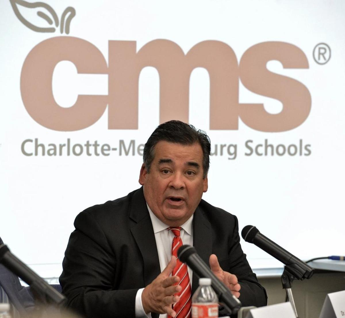 CMS Superintendent Dr. Clayton Wilcox answers questions after a presentation of the district’s 2016-2017 preliminary end-of-year results.