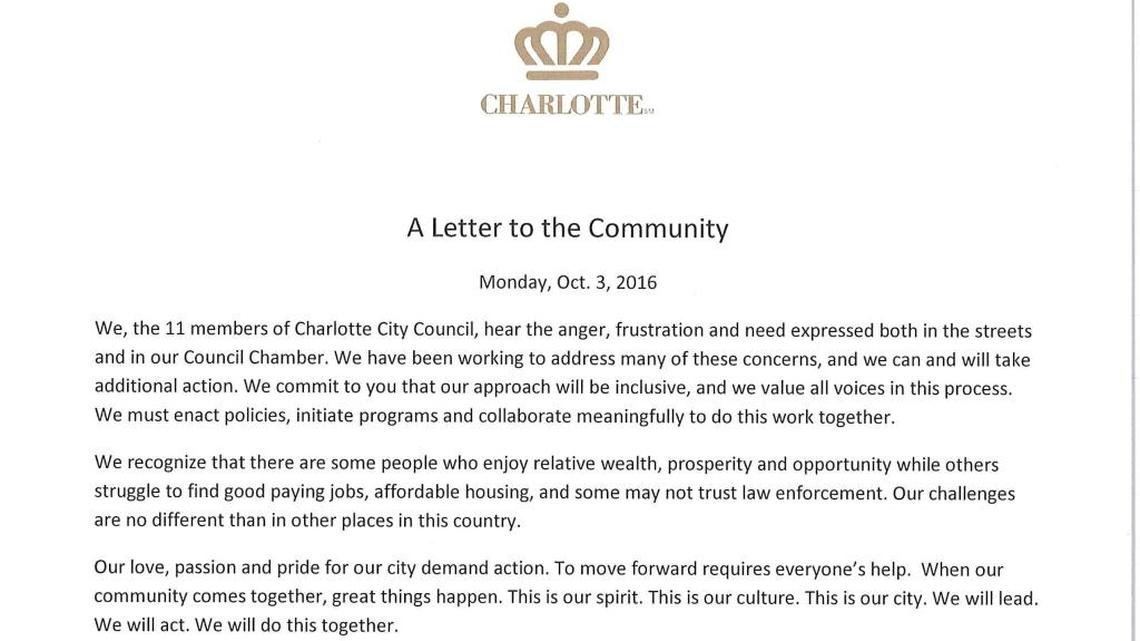 Charlotte City Council members had an opportunity this week to make good on a letter they wrote last fall in the wake of police shooting protests.
