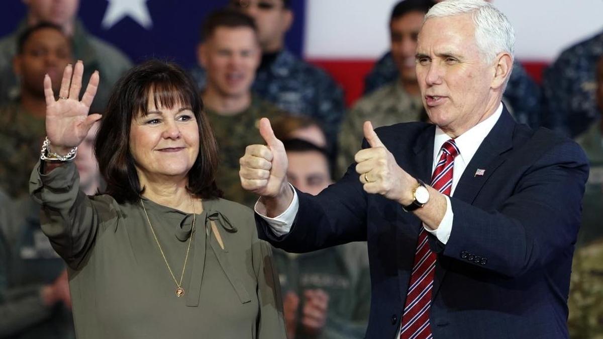 Mike Pence greets U.S. troops at the U.S. Yokota Air Base near Tokyo this month.