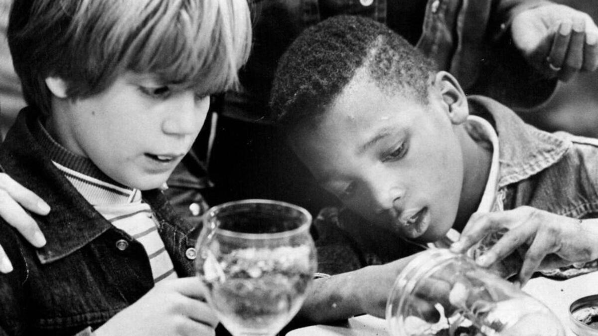 Glenn Hoppe, left, and Kevin McKray work together on a project at Beverly Woods Elementary in 1973.