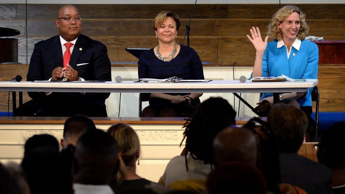 Charlotte mayoral candidates, from left, N.C. Sen. Joel Ford, Mayor Pro Tem Vi Lyles and Mayor Jennifer Roberts at a May debate at Reeder Memorial Baptist Church.