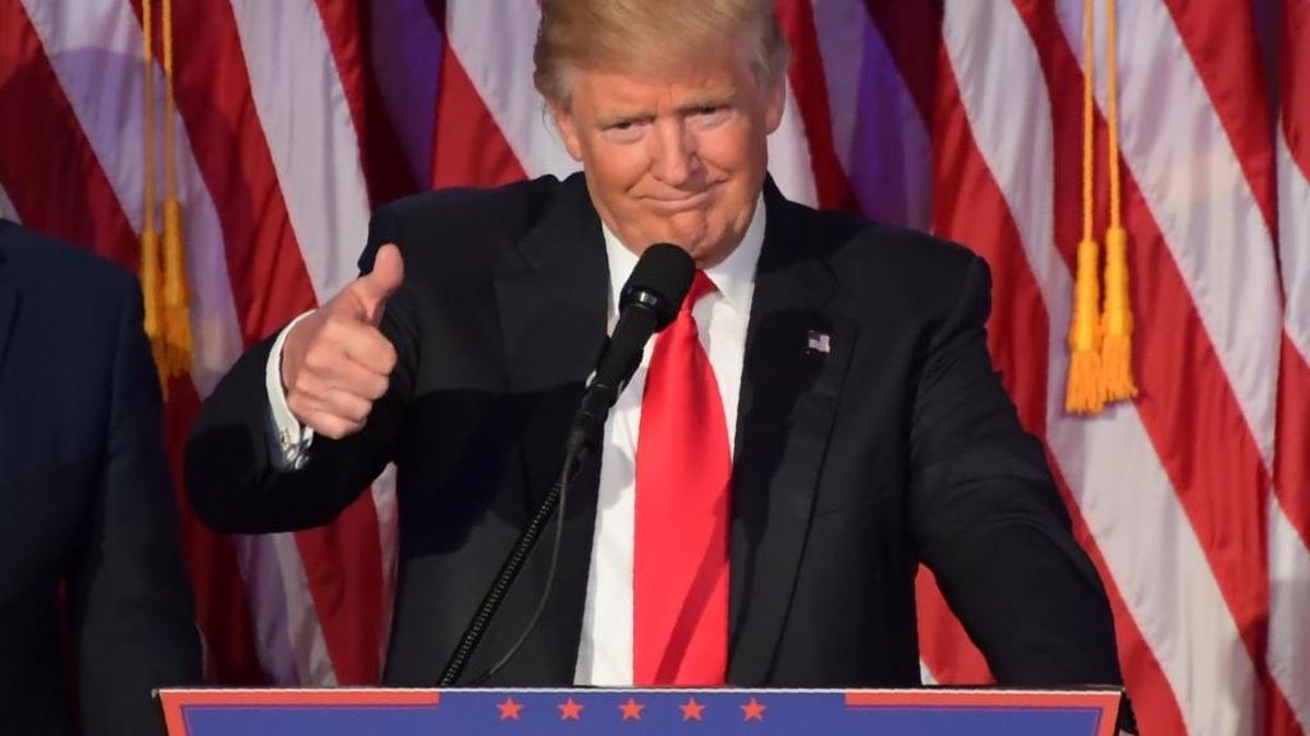 Donald Trump gives an election night speech at the New York Hilton Midtown in New York.