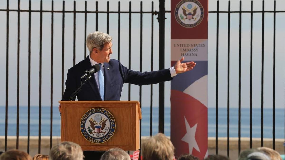 
Secretary of State John Kerry makes remarks Friday at a ceremony at the U.S. Embassy in Havana, Cuba. 
