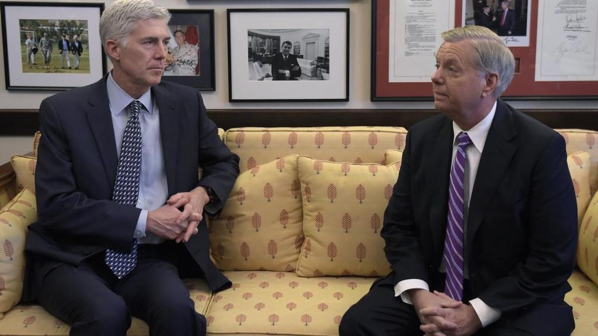 Supreme Court nominee Judge Neil Gorsuch meets with Sen. Lindsey Graham, R-S.C., in February.