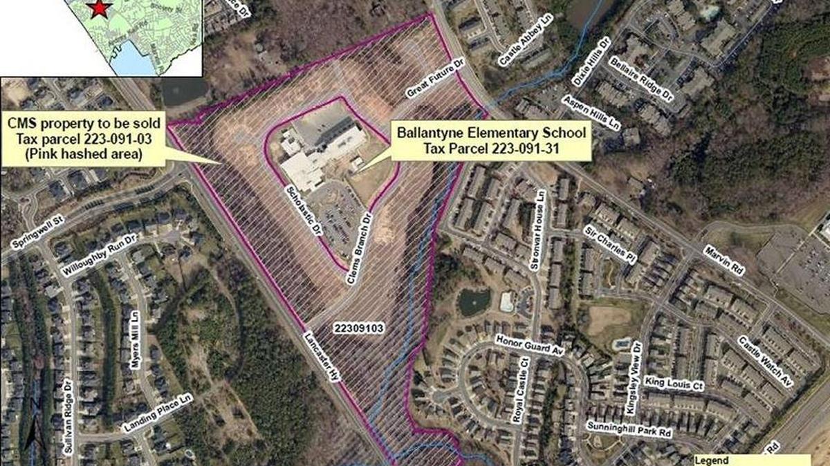 A map showing the land CMS is selling to Meritage Homes around Ballantyne Elementary School.