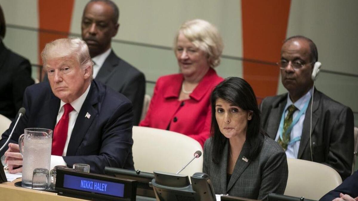 UN Ambassador Nikki Haley sits with President Donald Trump at the UN General Assembly last year.