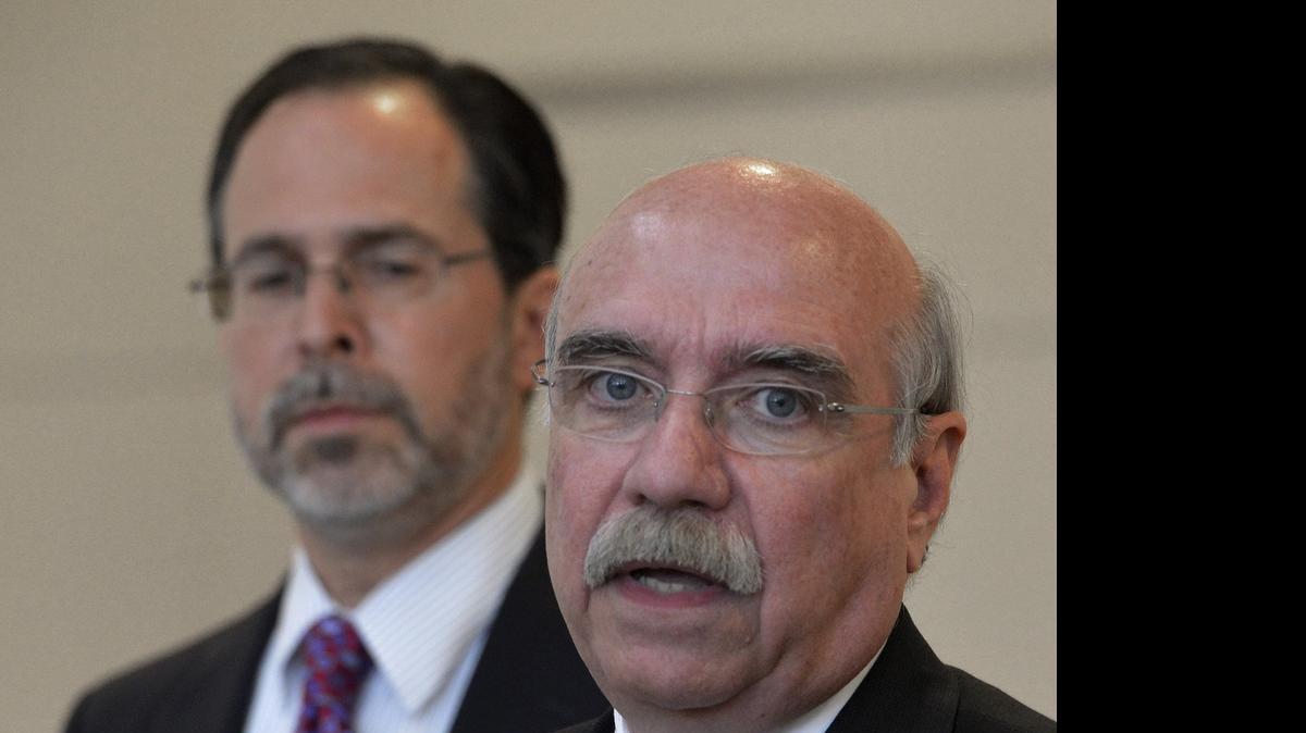 
Charlotte Mayor Dan Clodfelter (right) and City Attorney Bob Hagemann during a press conference Thursday regarding developments in the Jonathan Ferrell civil lawsuit.
