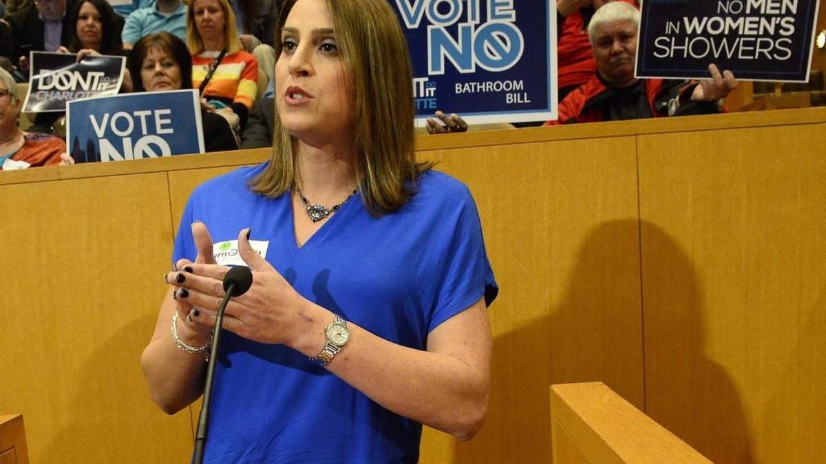 Erica Lachowitz, who is a transgender woman, speaks to City Council on Monday.