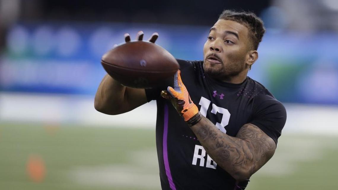 LSU running back Derrius Guice runs a drill during the NFL football scouting combine last week in Indianapolis.
