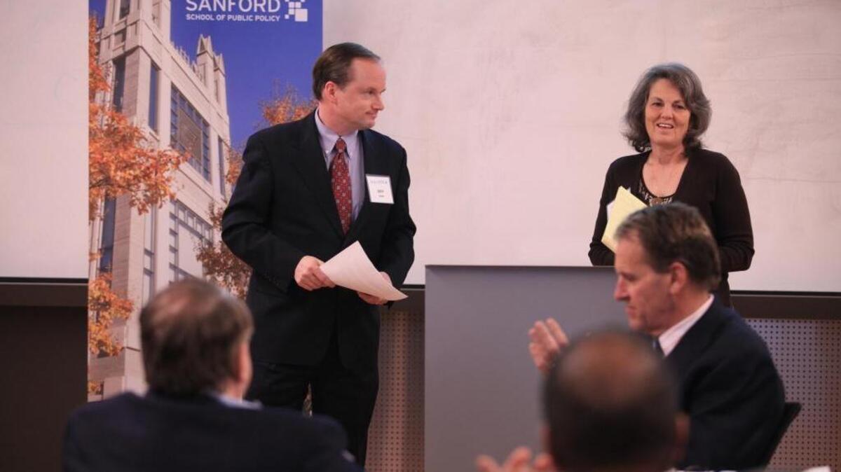 John Hood and Leslie Winner at Duke’s Sanford School of Public Policy. The North Carolina Leadership Forum is a step in the right direction to address the political divide.