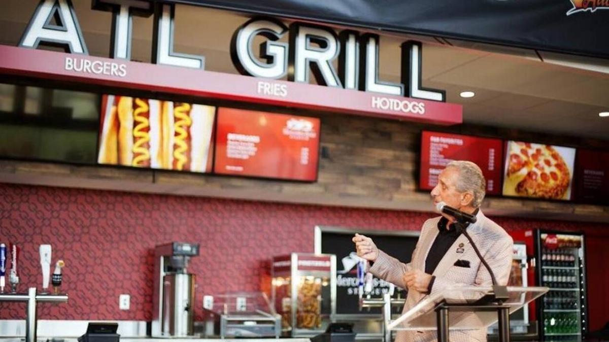 Atlanta Falcons owner Arthur Blank announcing a new food and beverage plan in 2016 at the team’s new Mercedes-Benz Stadium.