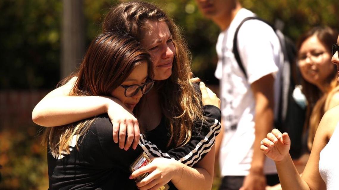UCLA students on campus the day after engineering professor William Klug was murdered in in Los Angeles.