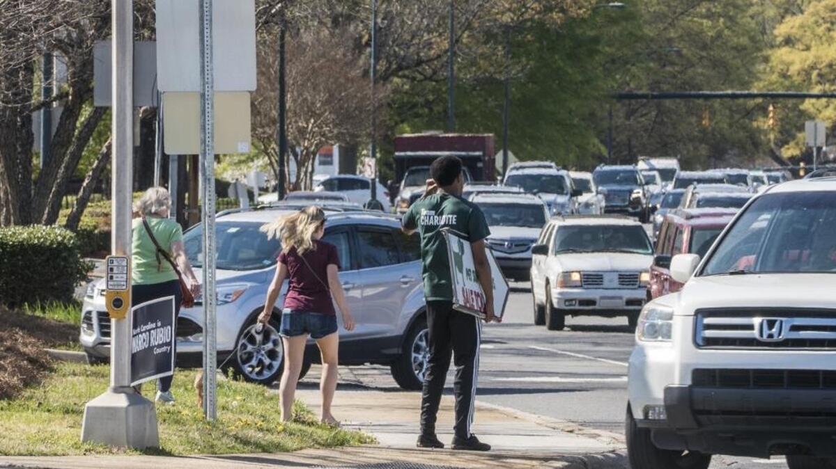 Traffic and pedestrians around SouthPark.