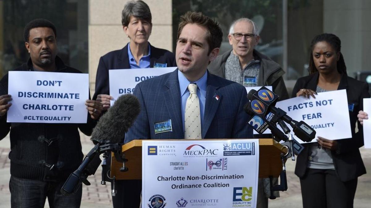 In this March 2015 photo, Chris Sgro, executive director of Equality NC, speaks at the Charlotte Non-Discrimination Ordinance Coalition press conference.