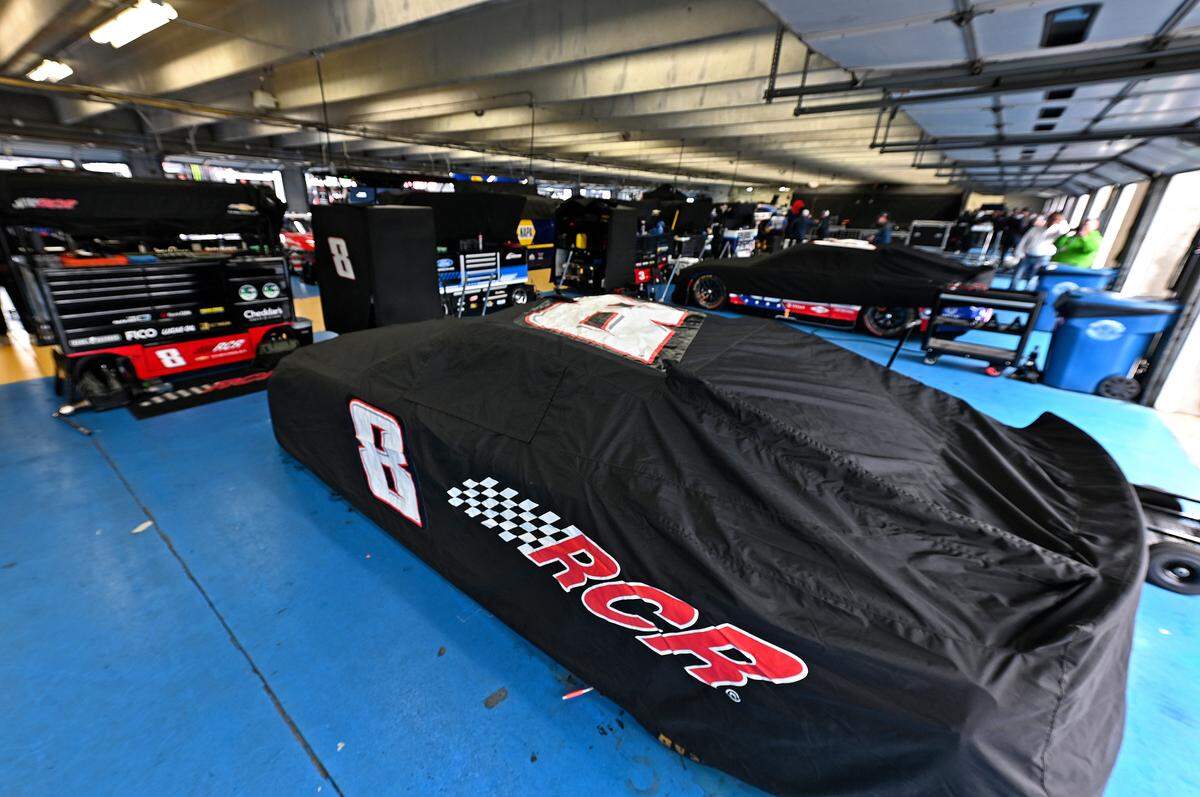 The No. 33 Chevrolet is covered with deceased NASCAR Cup Series driver Kyle Busch’s iconic No. 8 in a garage stall at Charlotte Motor Speedway in Concord, NC on Saturday, May 23, 2026. Busch passed away unexpectedly on Thursday, May 21, 2026. Driver Austin Hill will drive the car in the Coca-Cola 600 on Sunday, May 24, 2026.