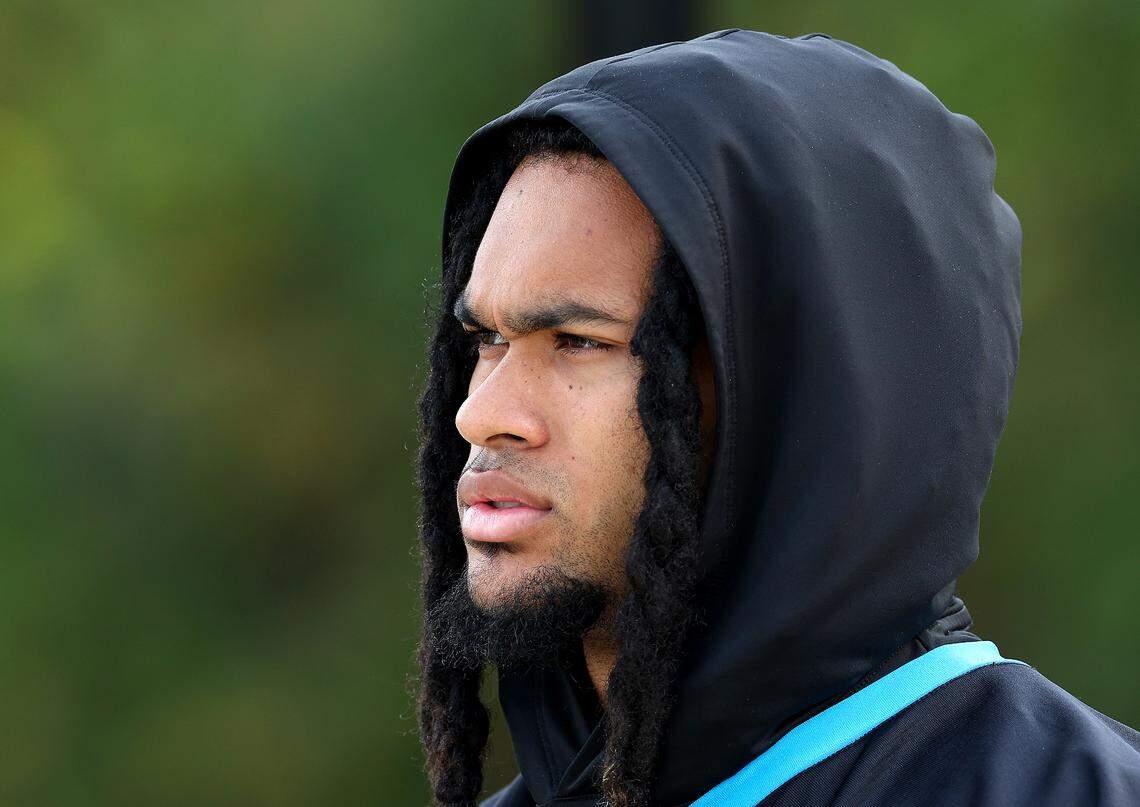 Carolina Panthers rookie running back Jonathon Brooks walks to practice on Monday, November 18, 2024.